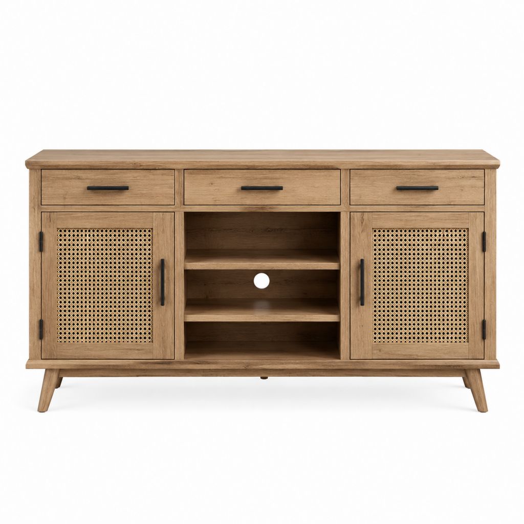 Sideboard Eichefarben aus Massivholz mit Rattanfront 160 x 40 x 85 cm