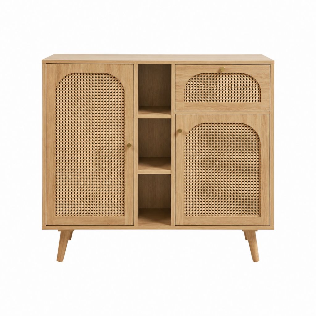 Sideboard eichefarben MDF mit Eichenfurnier und Rattangeflecht rechteckig 120 x 40 x 120 cm