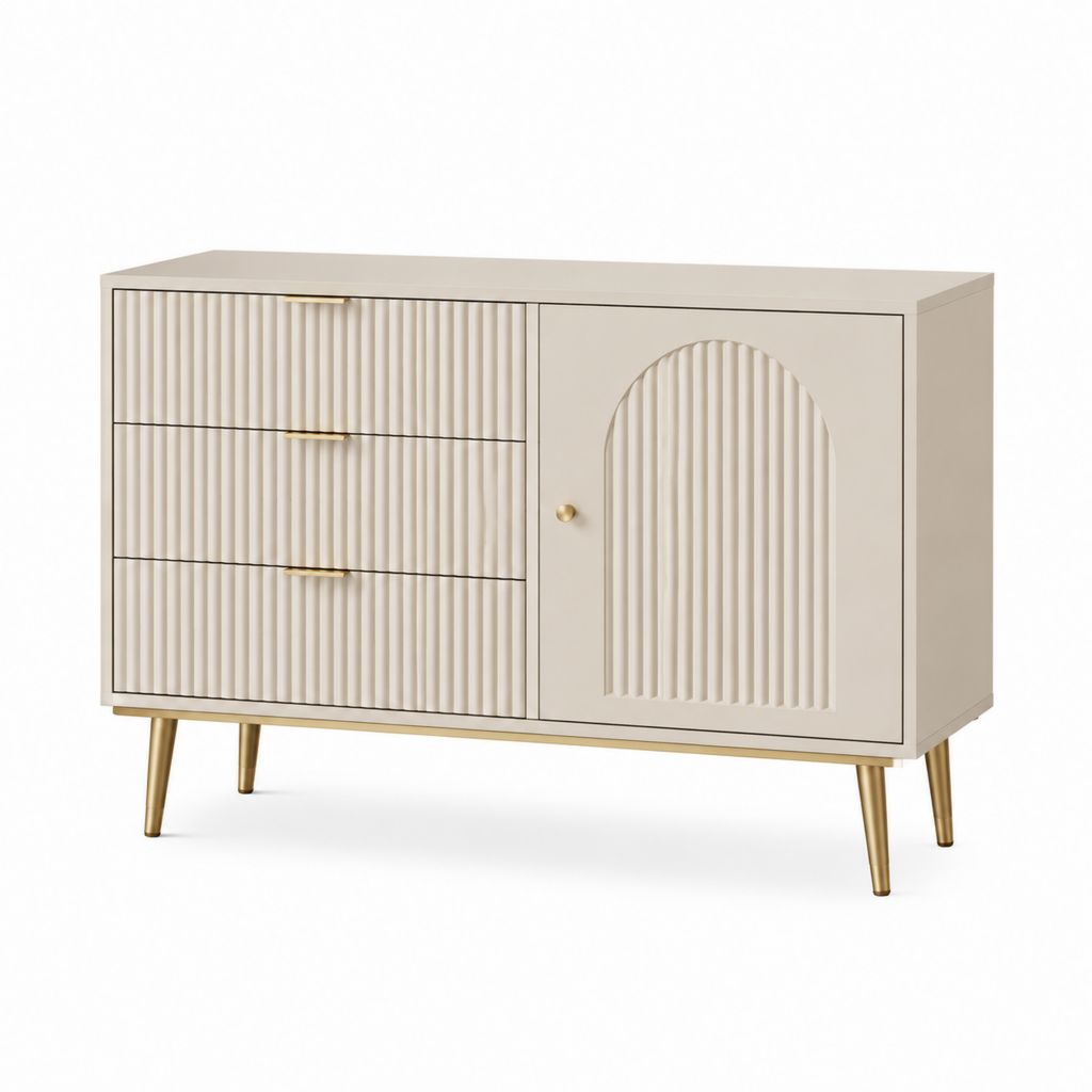 Sideboard Cremeweiß MDF mit Rillenfront und 3 Schubladen 1 Tür 120 x 40 x 75 cm