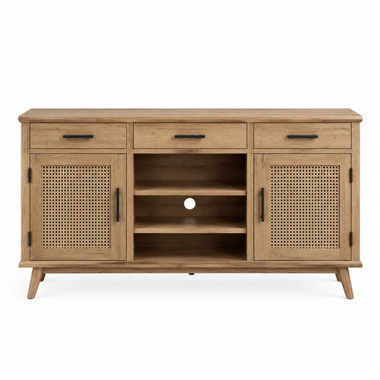 Sideboard Eichefarben aus Massivholz mit Rattanfront 160 x 40 x 85 cm