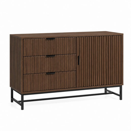 Sideboard Walnussoptik mit Rillenfront 120 x 40 x 90 cm MDF und Stahl
