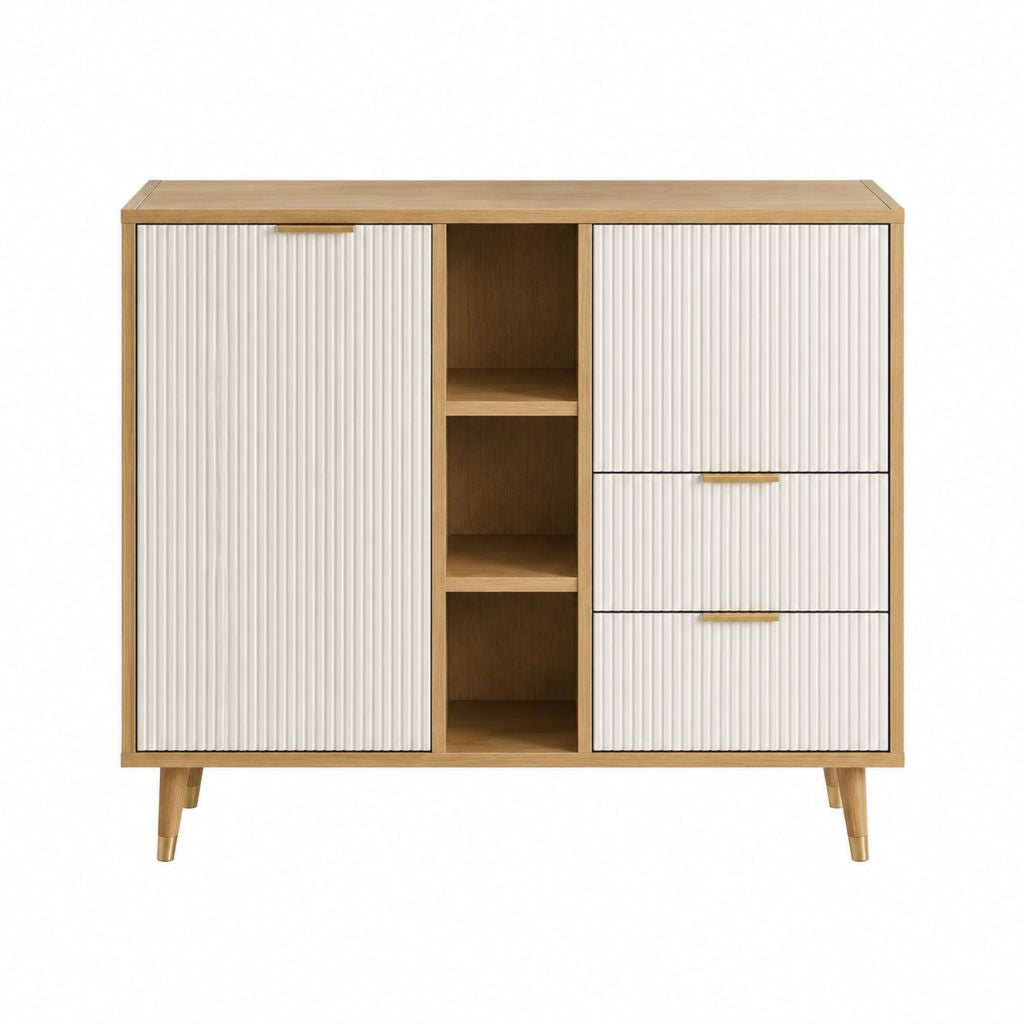 Highboard Sideboard mit geriffelten Türen Weiß Eichenfurnier 120 x 40 x 120 cm
