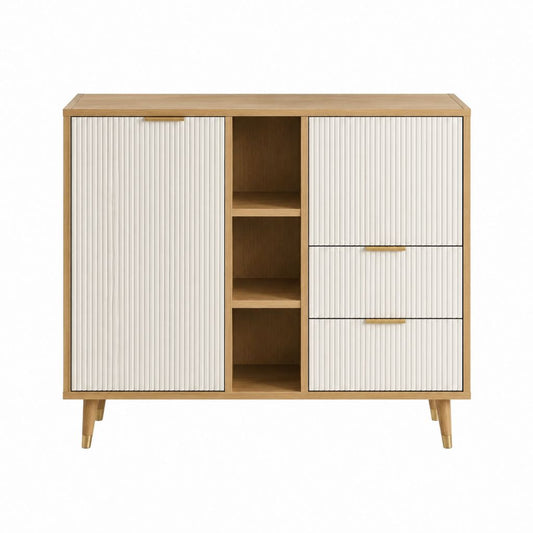 Highboard Sideboard mit geriffelten Türen Weiß Eichenfurnier 120 x 40 x 120 cm