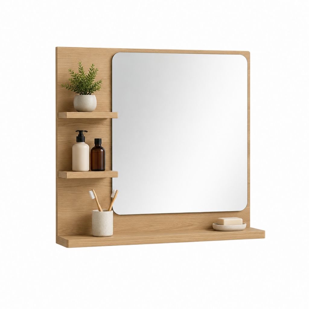 Badezimmerspiegel Wandspiegel mit Ablagen eichefarben MDF rechteckig 80 x 70 x 12 cm