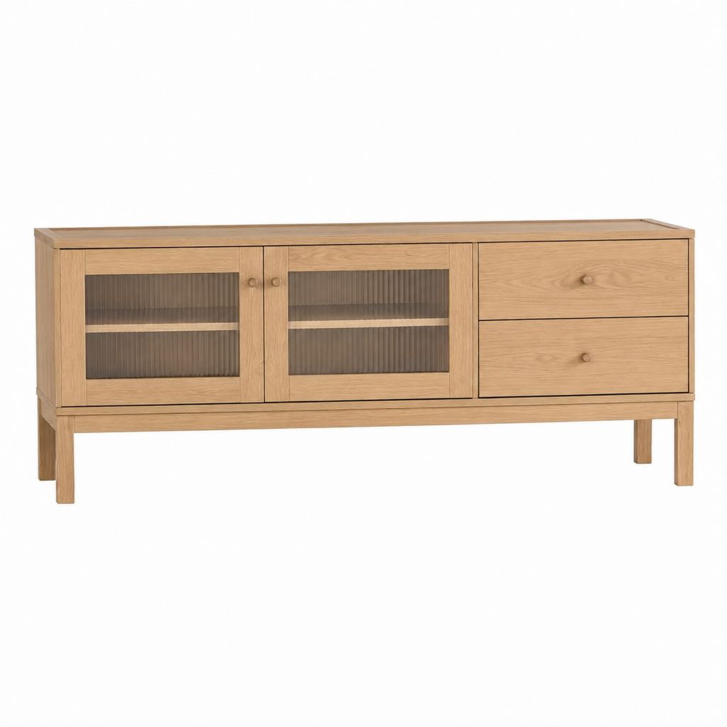 Sideboard aus Eichenholz Natur mit Riffelglas 160 x 45 x 80 cm
