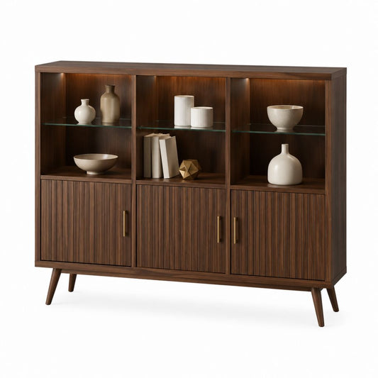 Highboard Vitrine Walnussfurnier rechteckig 160 x 40 x 140 cm mit 3 Türen