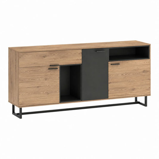 Sideboard Eicheoptik Schwarz aus melaminbeschichteter Spanplatte und Stahl rechteckig 160 x 40 x 85 cm