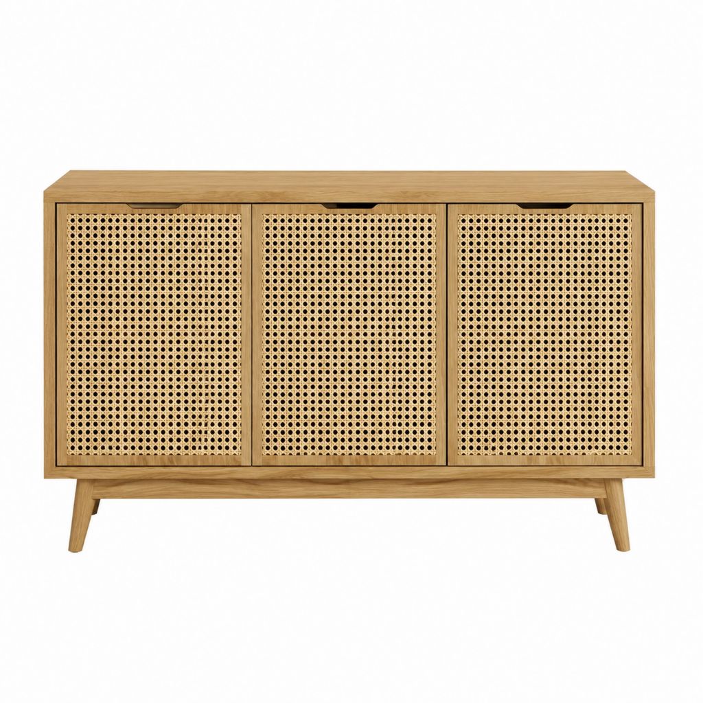 Sideboard 3 Türen Natur Eichenfurnier Rattan rechteckig 120 x 40 x 80 cm