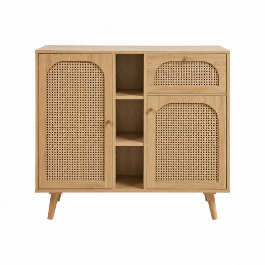 Sideboard eichefarben MDF mit Eichenfurnier und Rattangeflecht rechteckig 120 x 40 x 120 cm
