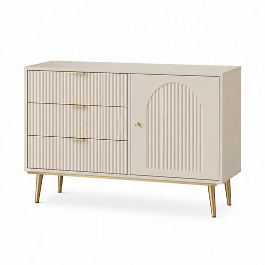 Sideboard Cremeweiß MDF mit Rillenfront und 3 Schubladen 1 Tür 120 x 40 x 75 cm