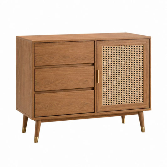 Sideboard Walnussfarben mit Rattanfront und 3 Schubladen 90 x 40 x 90 cm